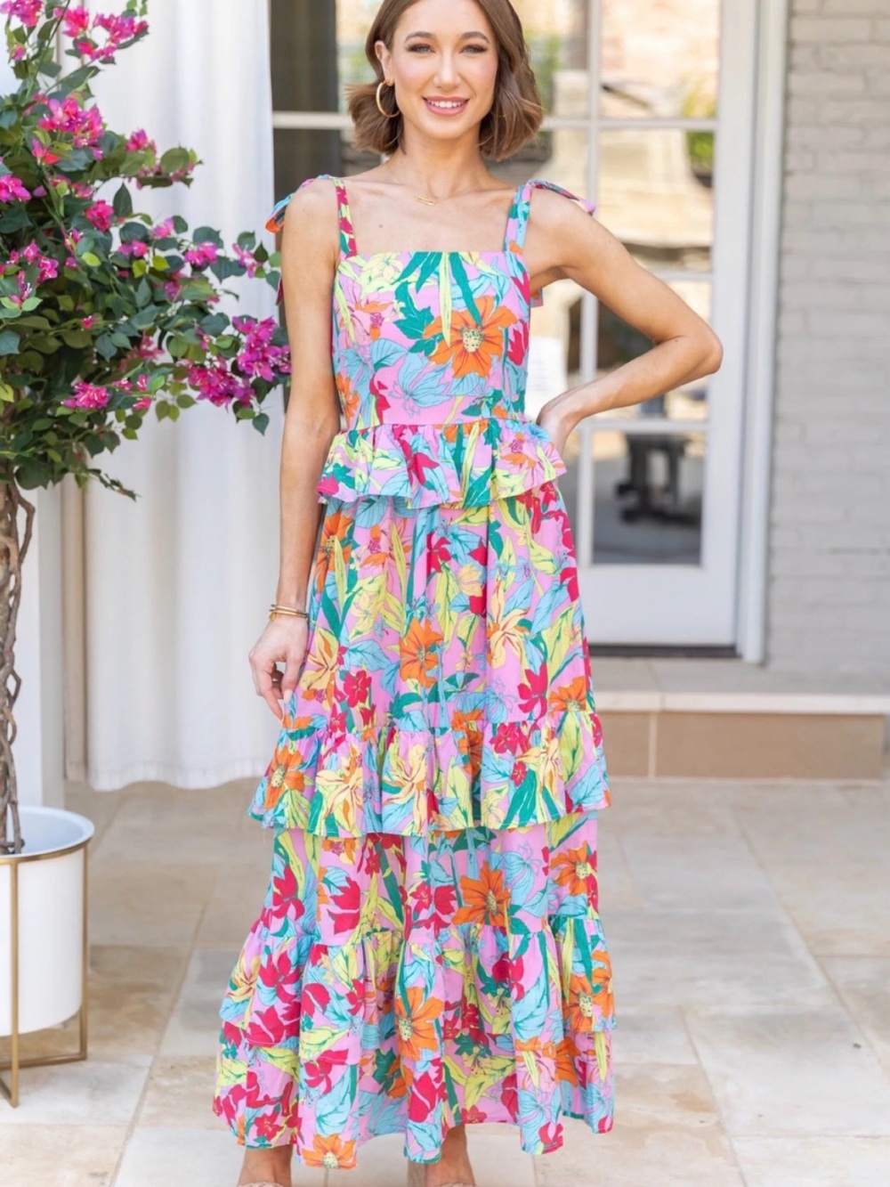 Floral Tiered Sundress with Tie Straps - Pink Multi